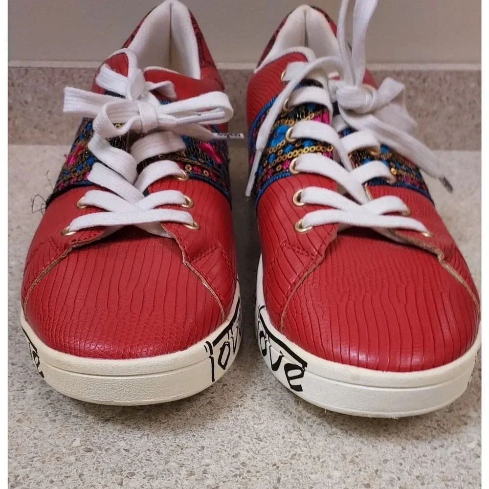 Desigual Rojo Roja Exotic Indian Red Sneakers Love Print US 10 UK 7 Boho - Picture 3 of 9